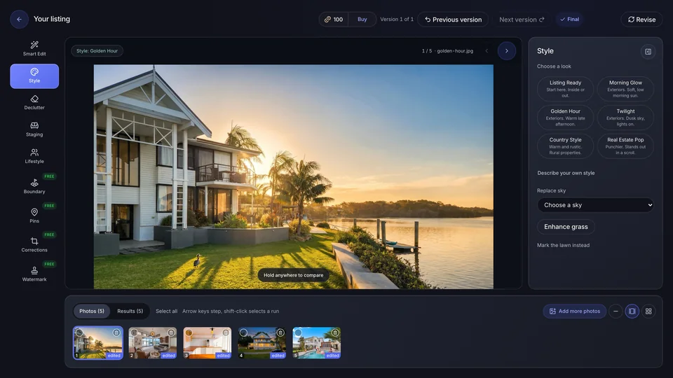 The Duskpix editor on a desktop: a golden hour edit of a waterfront house, the tools down the left and the project's five photos below