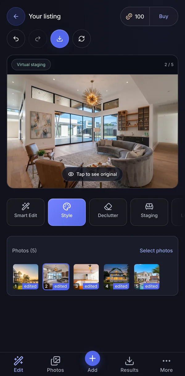 The Duskpix editor on an iPhone: a virtually staged living room, with the tools under the photo